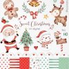 Sweet Christmas watercolor clipart, Cute Santa watercolor graphics, Winter Holidays Watercolor png