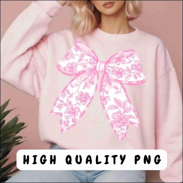 Trendy Chinoiserie Pink Coquette Bow PNG Chinoiserie PNG Sublimation Design Pink White Floral Bow Shirt Floral Png Cute Pink Bow Png