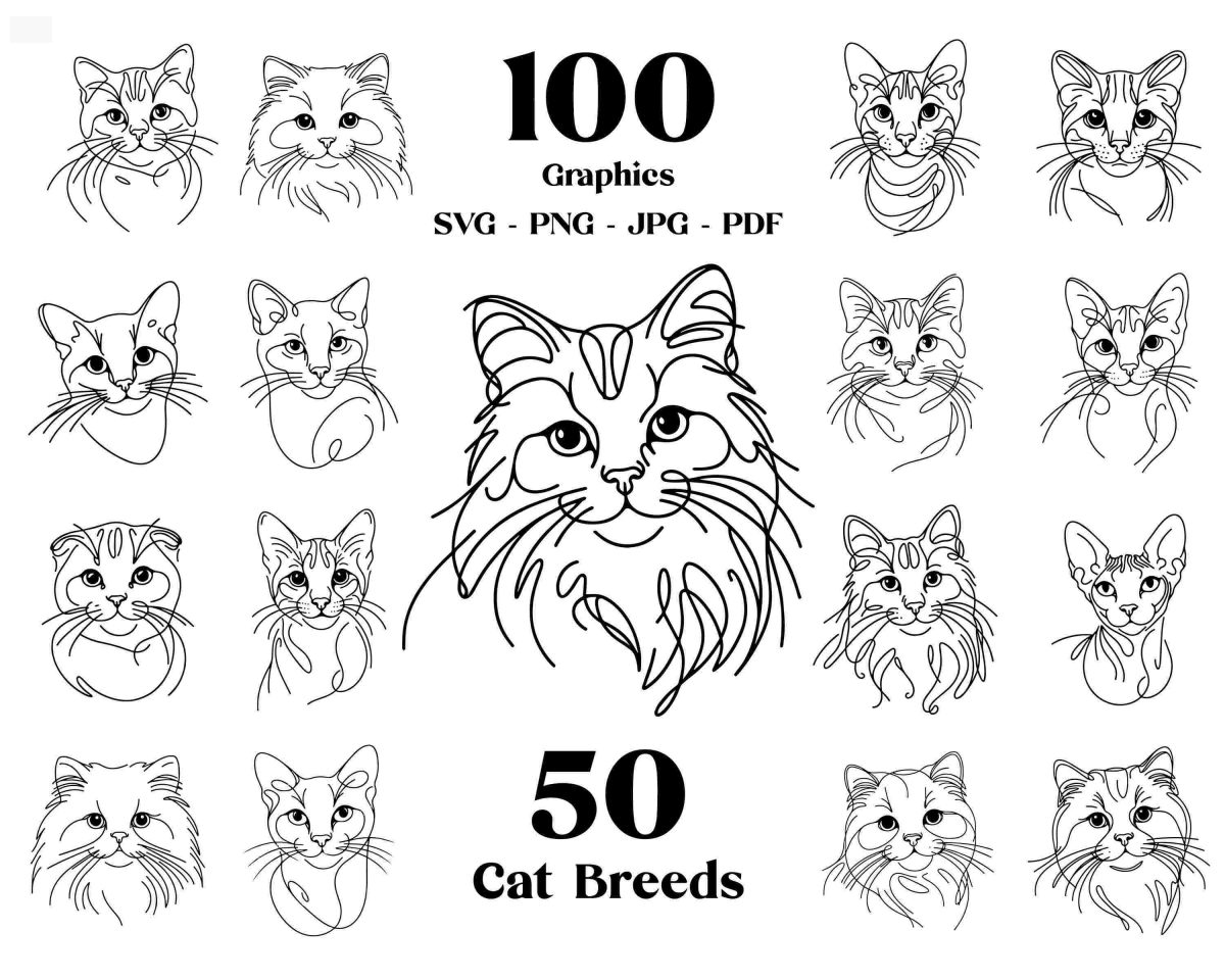 Ultimate Cat SVG Line Art Collection 50 Breeds Cat PNG Clips Kitten