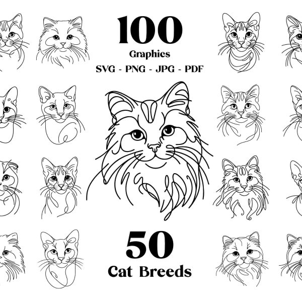 Ultimate Cat SVG Line Art Collection 50 Breeds Cat PNG Clips Kitten