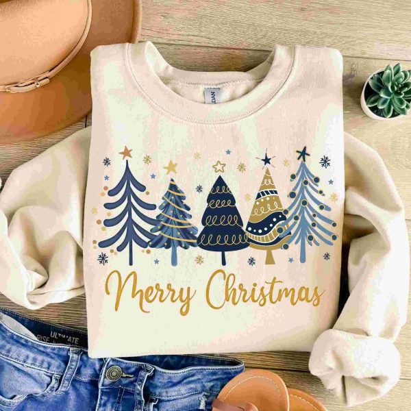 Vibrant Christmas Elements Festive Trees Blue Gold Sublimation