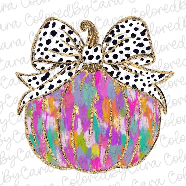 Vibrant Coquette gold glitter pumpkin design for Halloween girls DTF