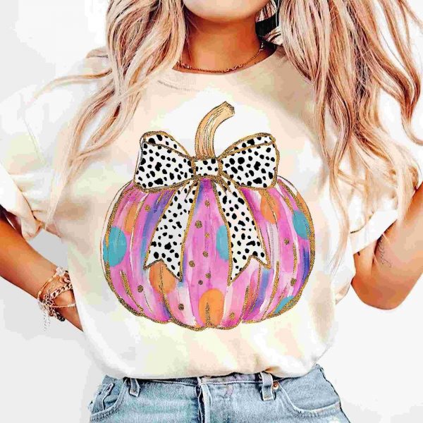 Vibrant Coquette golden pumpkin design for Halloween girls fall kids