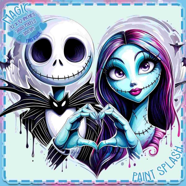 Vibrant Jack and Sally Watercolor Clipart Rainbow Aesthetic PNG