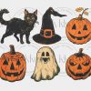 Vintage 1990 Halloween Retro Clipart SVG Orange Black Cat Pumpkin