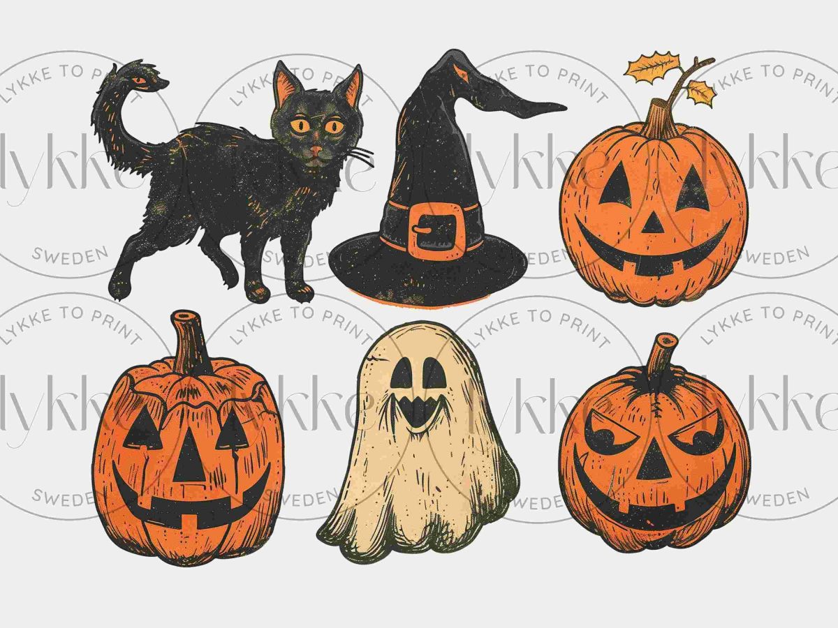 Vintage 1990 Halloween Retro Clipart SVG Orange Black Cat Pumpkin