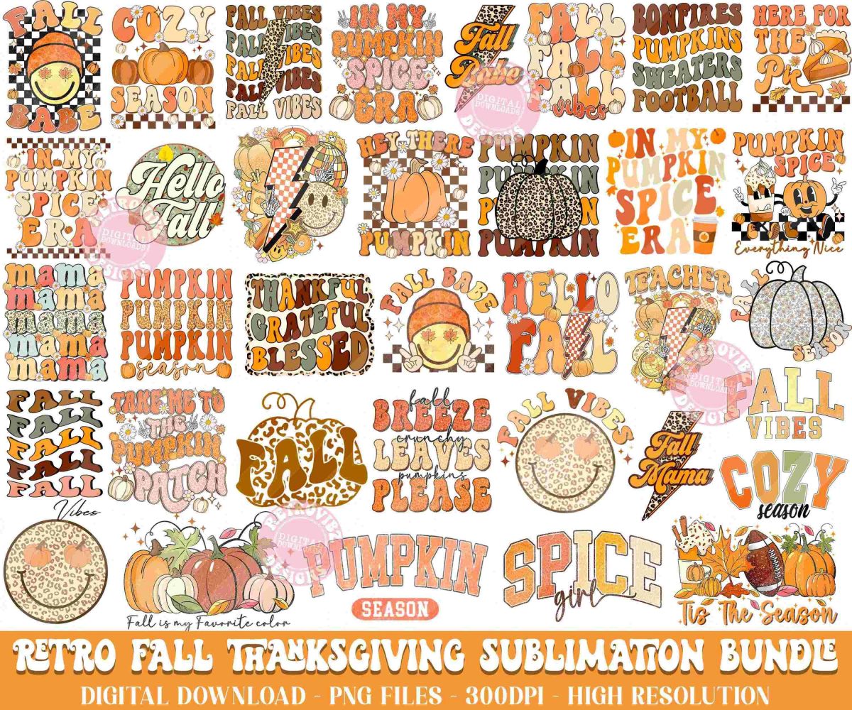 Vintage Autumn Bundle Retro Fall SVG PNG Pumpkin Season Sublimation