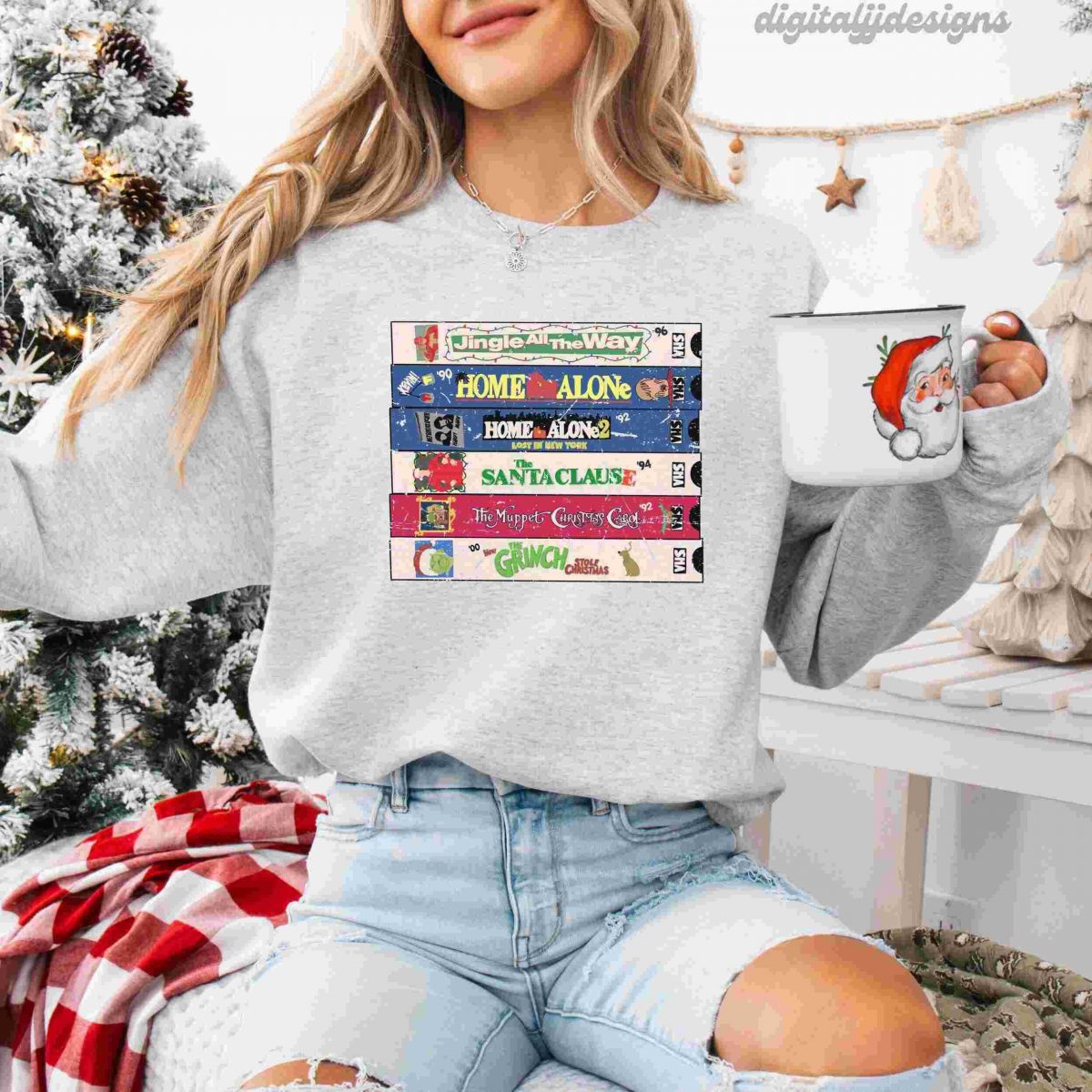 Vintage Christmas Movies PNG Festive 90s VHS Retro Sweatshirt Design