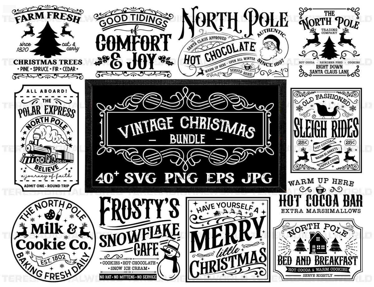 Vintage Christmas Sign Bundle 40 Farmhouse Designs SVGPNG