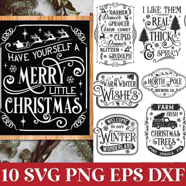 Vintage Farmhouse Christmas SVG Bundle Rustic Xmas Shirt Tree Designs