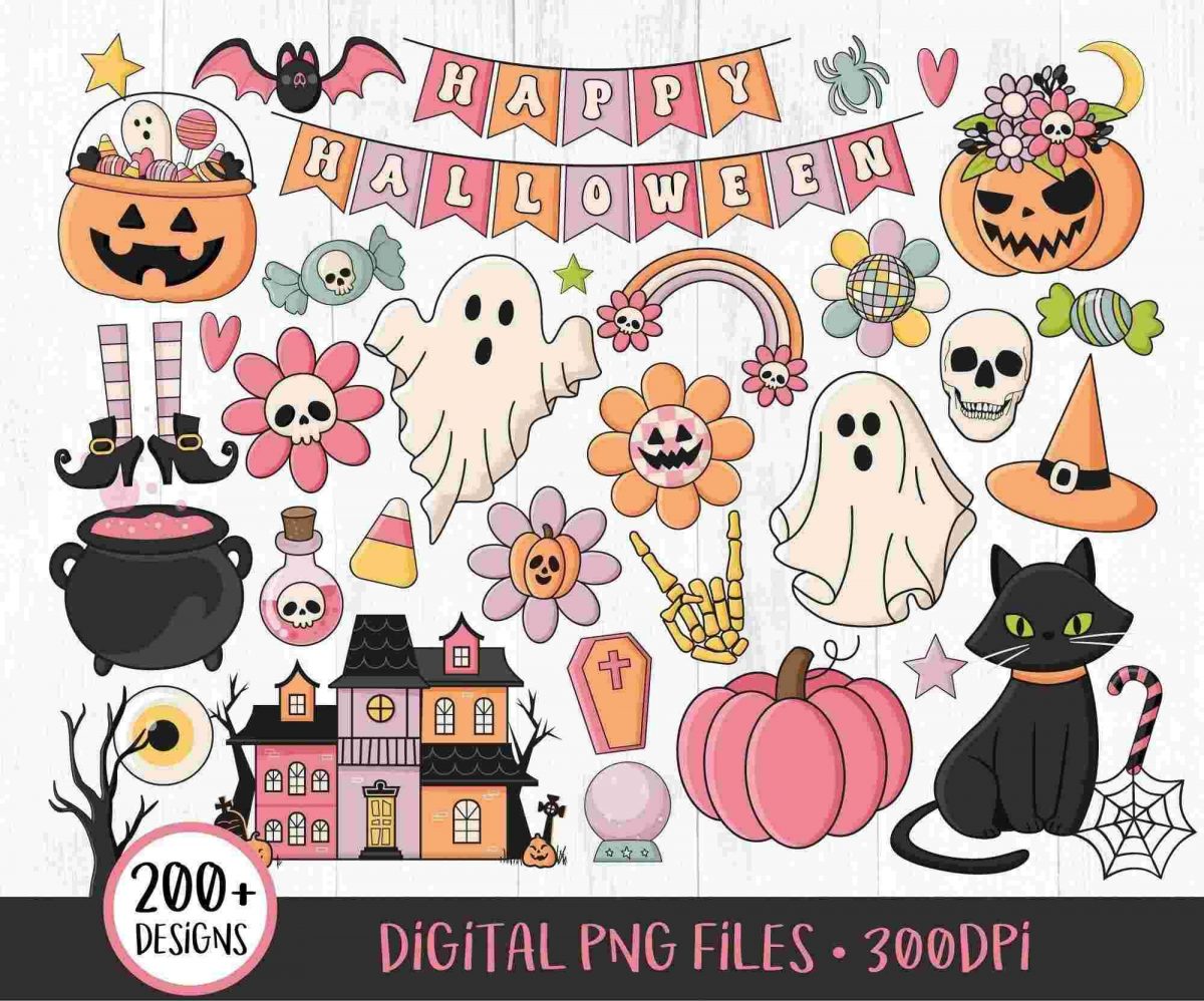 Vintage Halloween Clipart Retro Pink Groovy SVG Images for Witch