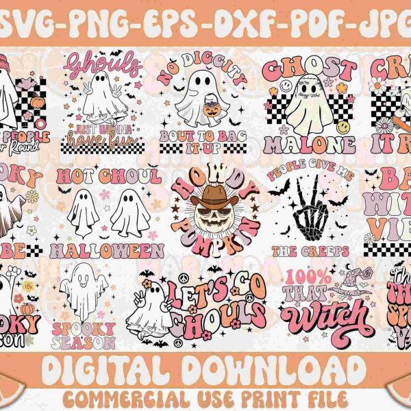 Vintage Halloween Pack Spooky Season PNG Pumpkin PNG Ghost SVG Groovy