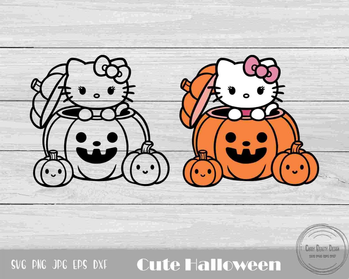 Vintage Kitty Pumpkin Anime Cat SVGPNG for Halloween Season