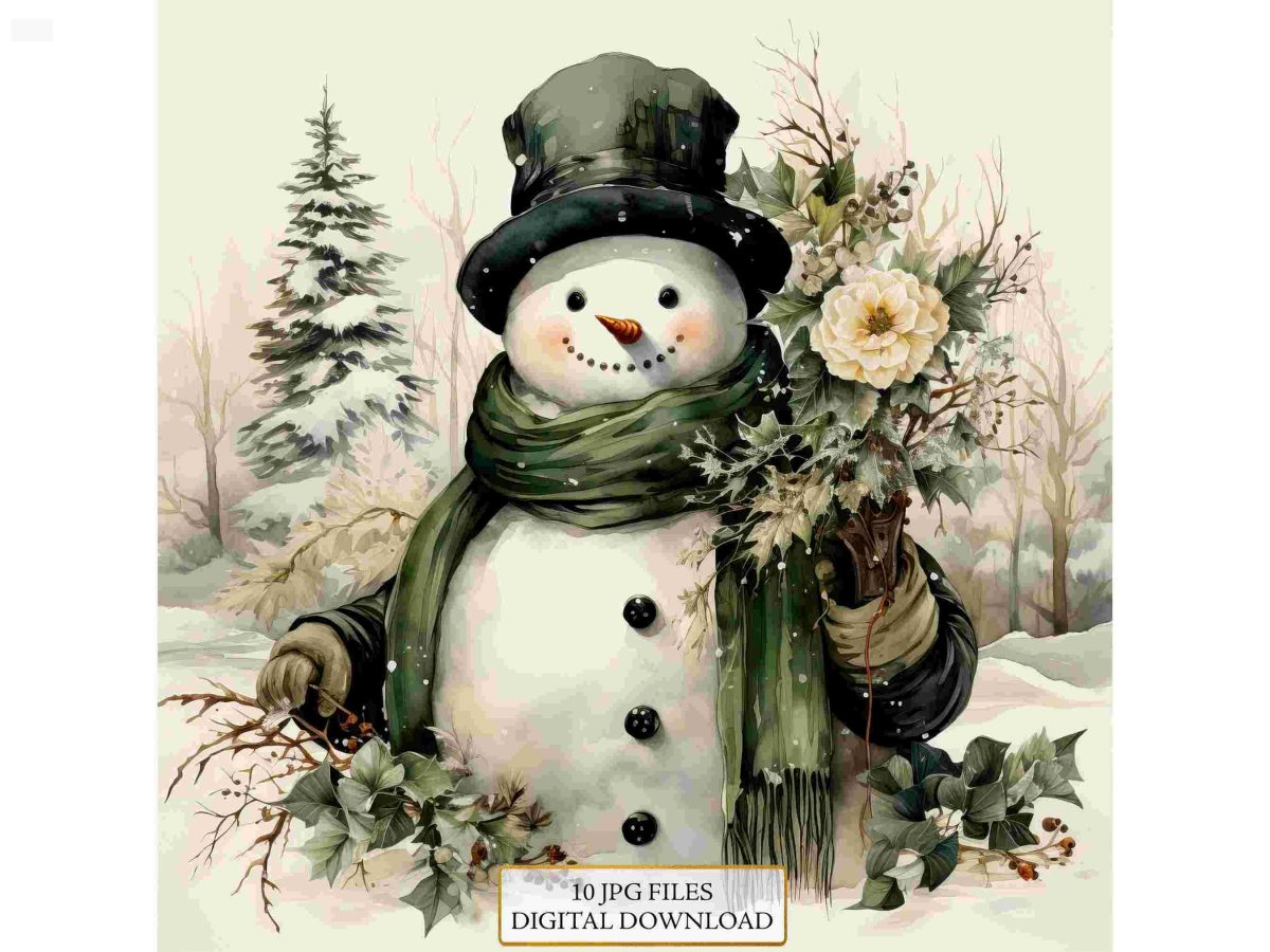 Vintage Snowman in Winter Scenery Clipart Bundle- 10 High Quality Watercolor JPGs- Christmas, Craft, Scrapbook Supply, Digital Download