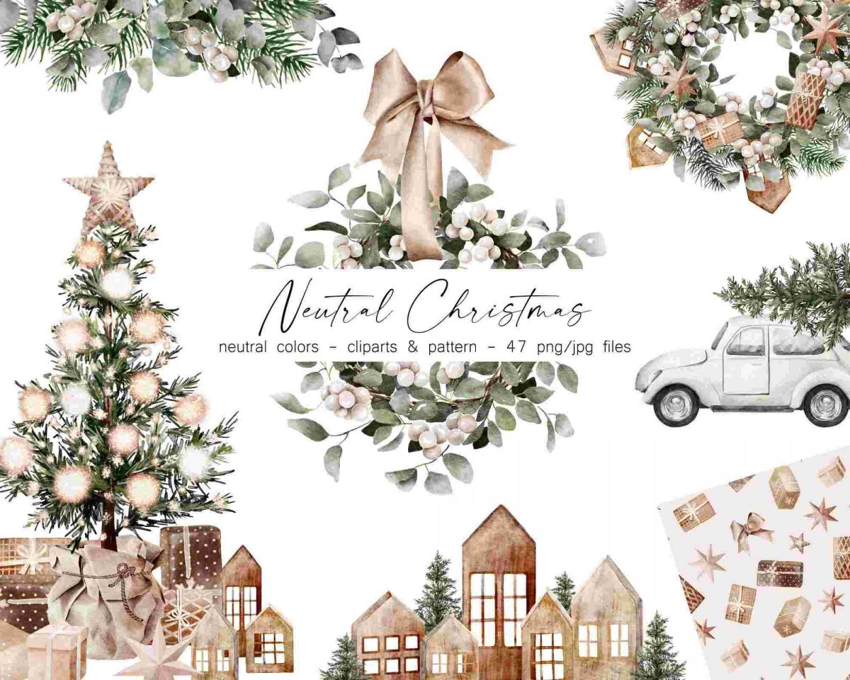 Watercolor Neutral Christmas clipart, Aesthetic, Rustic Xmas Style, Winter weddings, Nature-inspired colors, Digital download PNG 105