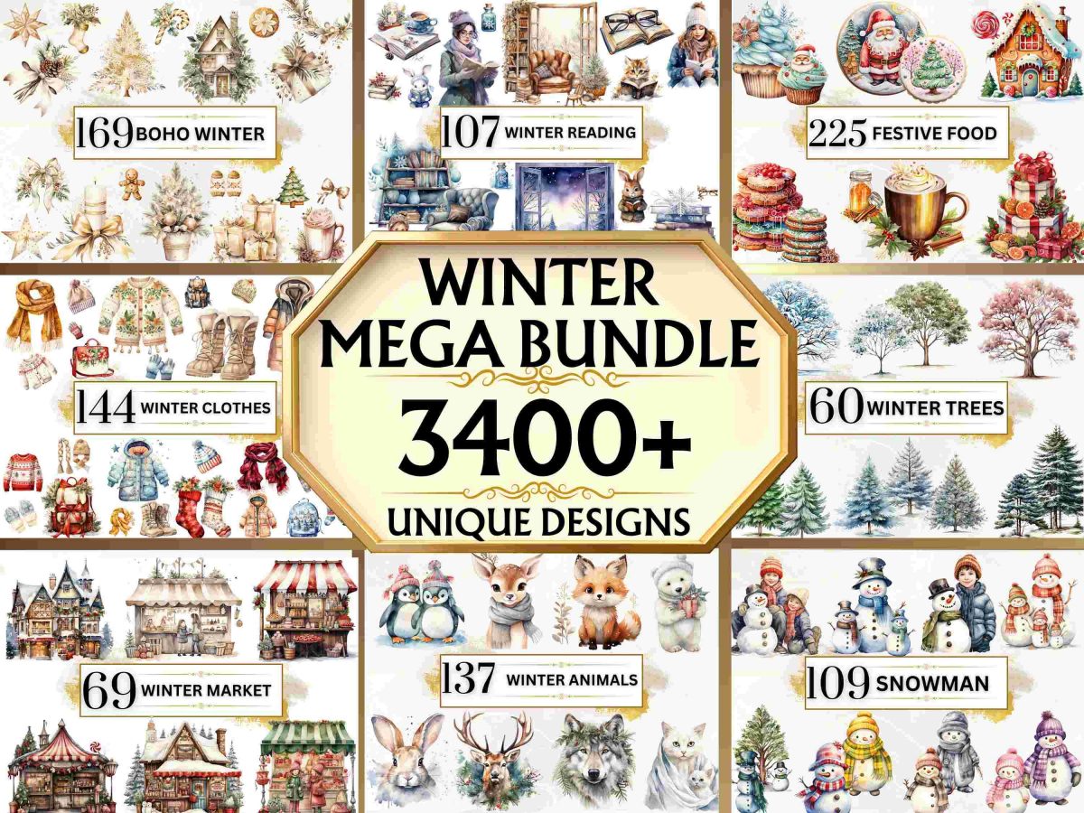 Watercolor Winter Clipart Bundle - 3400+ Winter Wonderland Clipart, Winter Landscapes,Winter PNG, Woodland Animals,Winter Flowers,Snowflakes