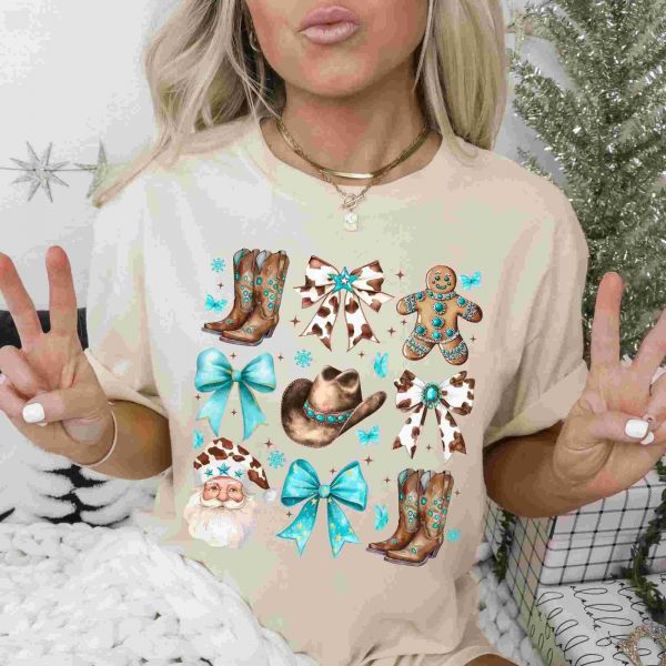 Western Christmas Coquette SVG Turquoise Gem Stones Cow Bows Santa