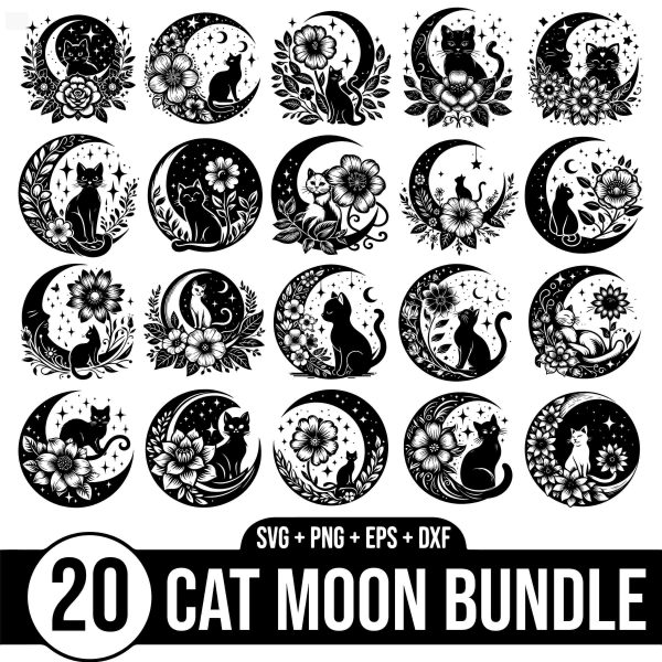 Whimsical Cat Moon Phases SVG Pack Silhouette Clipart Design Bundle