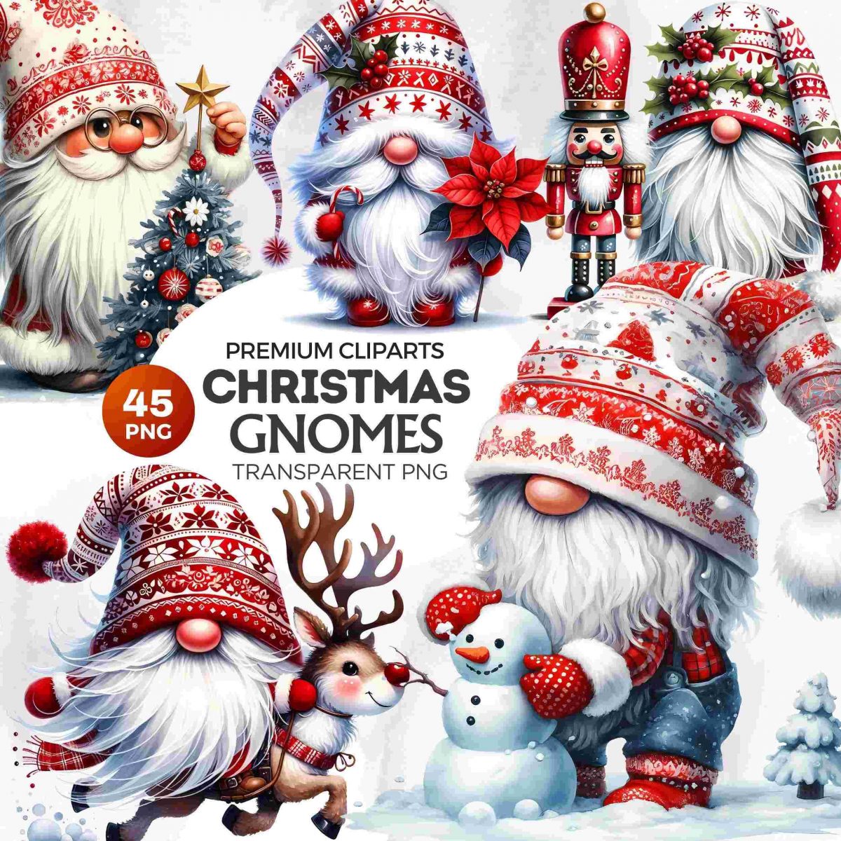 Whimsical Christmas Gnomes Set 45 Watercolor Clipart PNG with