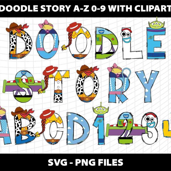 Whimsical Toy Story Alphabet Font SVG PNG Clipart Bundle for