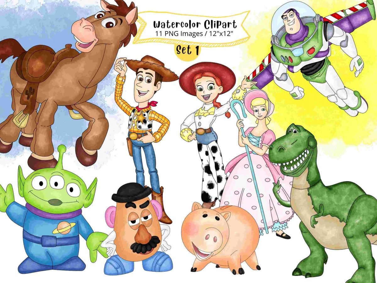 Whimsical Toy Story Watercolor Clipart Buzz Woody Dinosaur Jessie