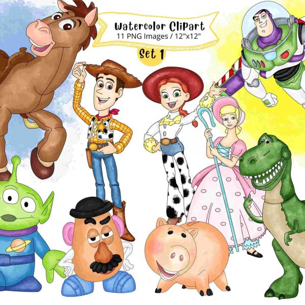 Whimsical Toy Story Watercolor Clipart Buzz Woody Dinosaur Jessie