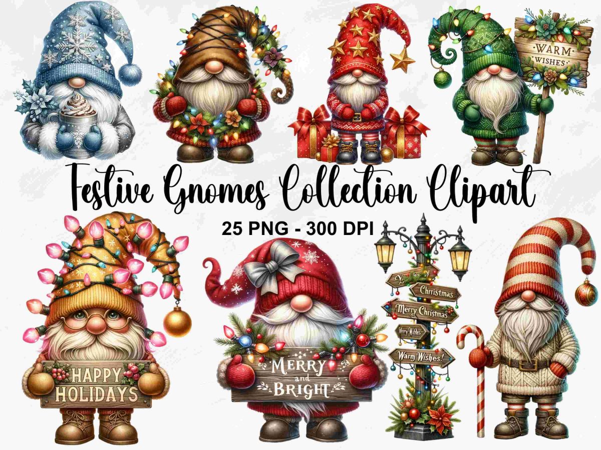 Whimsical Watercolor Christmas Gnomes Collection 25 PNG Clipart