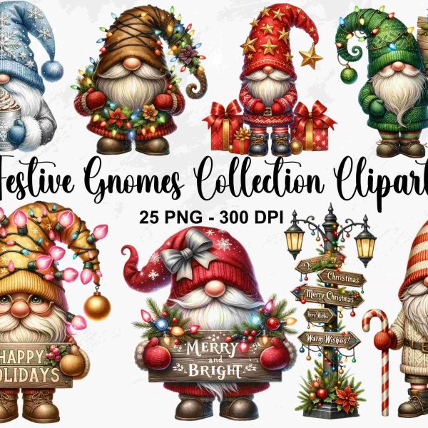 Whimsical Watercolor Christmas Gnomes Collection 25 PNG Clipart