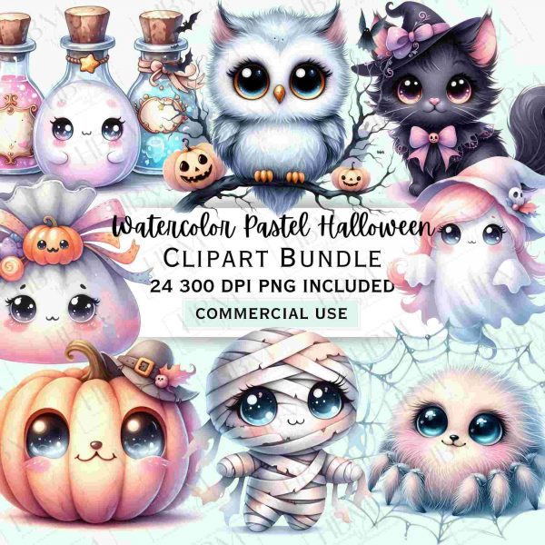 Whimsical Witchy Halloween Clipart Bundle Cute Watercolor Pastel